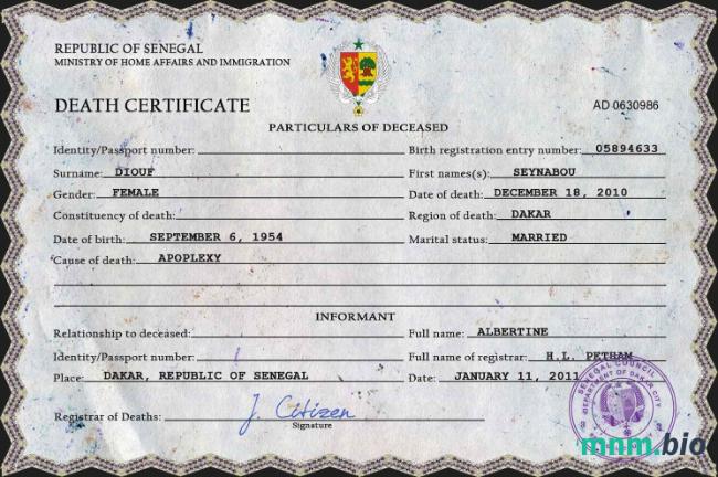 Senegal rekord życiowy śmierć certyfikat PSD szablon